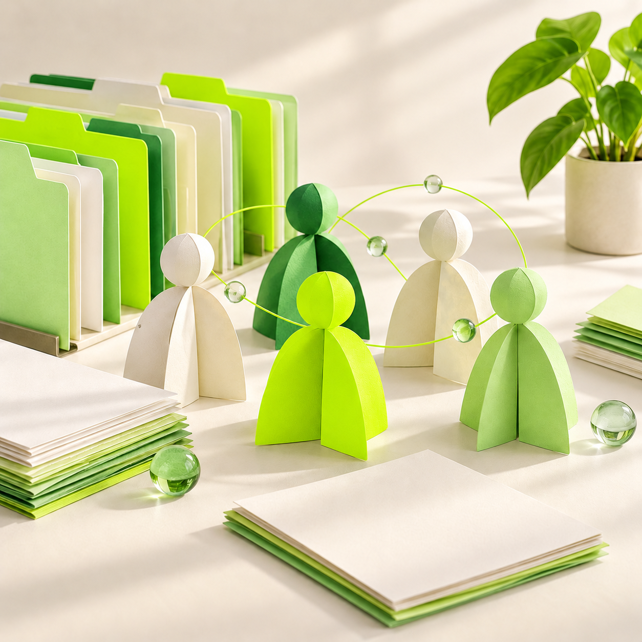 Illustration aus hellgrünen und neongrünen Papierfiguren und geordneten Unterlagen als Sinnbild für Personalarbeit und Zusammenarbeit